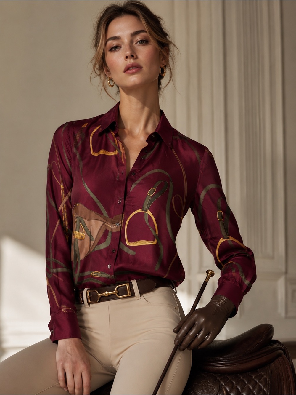 J. McLaughlin Burgundy Printed Silk Button-Down Shirt
